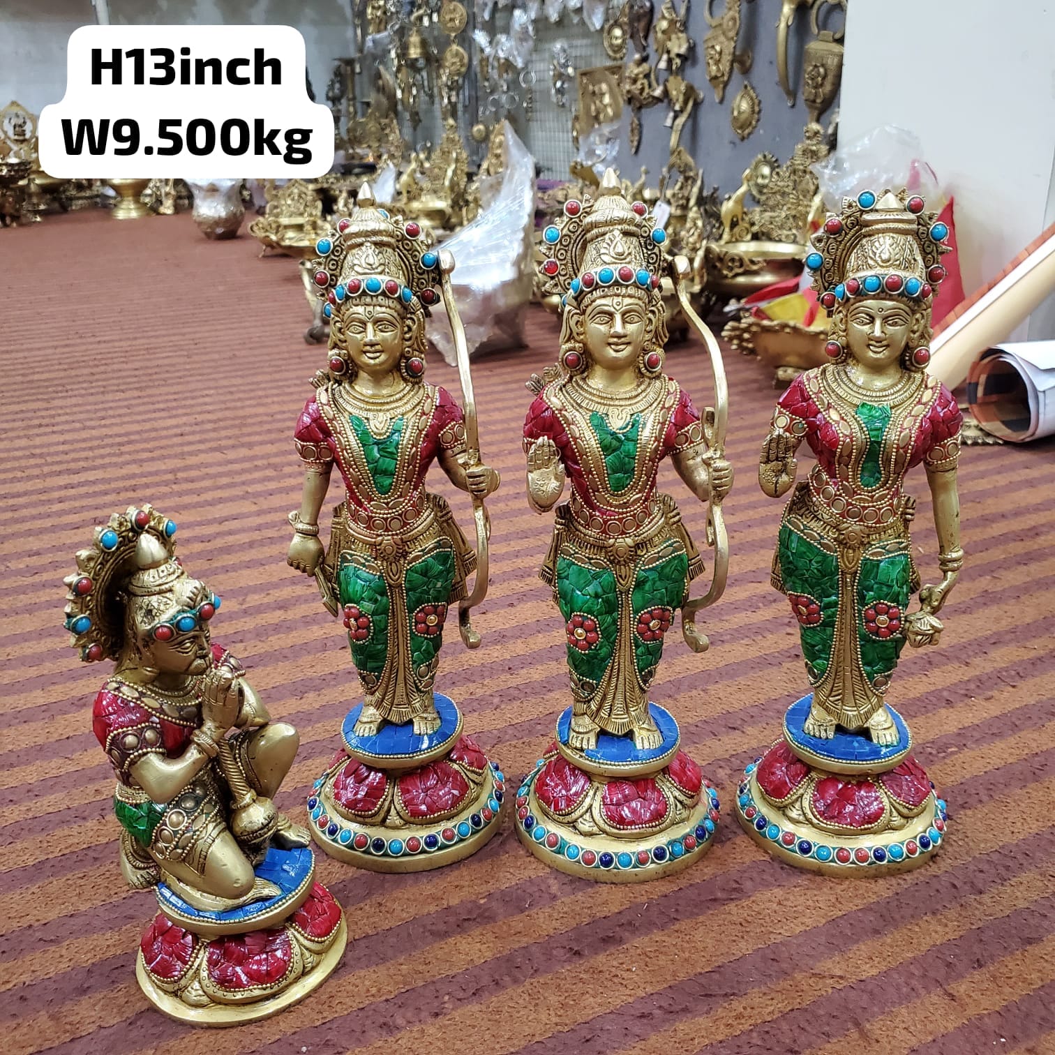 Brass ram darbar with Colorful Stone Work Statue/showpiece/Home décor/Temple Idol - ram, laxman, sita and Hanuman, Golden